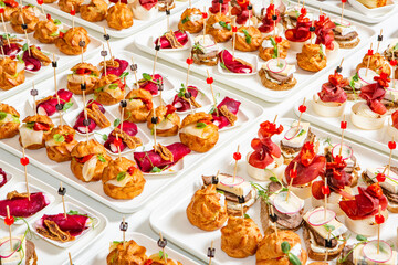 Catering buffet or service with different snacks, appetizers and canapes on a table. Variety of...