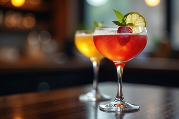 Sparkling cocktail, main course blurred background, food, depth