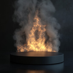A 3D render of a black podium with dramatic scene of fire and smoke rising