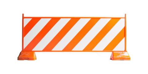Construction barricade displays orange and white stripes on transparent backdrop
