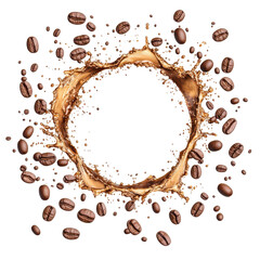 Obraz premium Coffee Splash Circle: A captivating image of coffee beans scattered around a circular splash of rich, brown liquid, creating a visually stimulating composition ideal for branding, advertising.