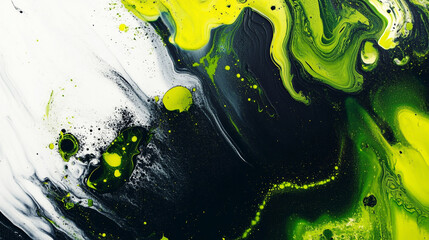 Abstract background with black, green, lime, yellow, and white colors. Smooth gradient ombre effect with blurred lines and wave-like fluid motion.