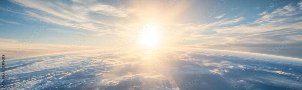 Aufkleber a bright sun illuminates a vast sky above the earth, with soft clouds scattered across a serene atmo