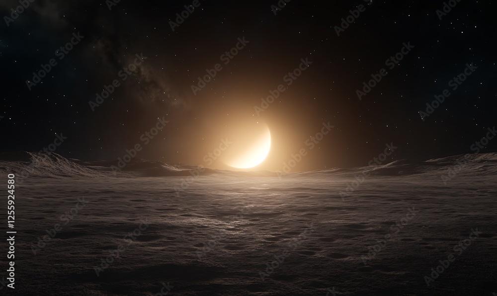 Aufkleber A serene view of a crescent moon illuminating a vast, dark sea under a starry sky, creating a mystical atmosphere.
