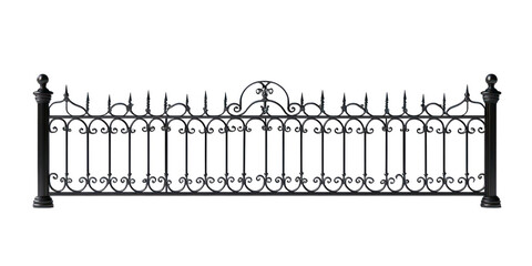 The image features a decorative black wrought iron fence panel against a transparent backdrop, showcasing its intricate design.