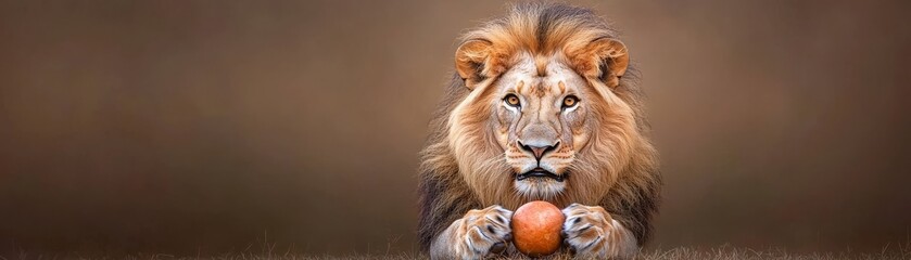 Fototapeta premium Majestic Lion with Apple in Natural Habitat Portrait Style