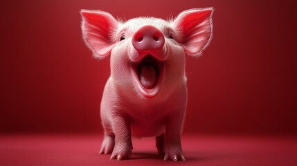 Playful Piglet with Fluffy Pink Fur Smiling Against Red Background