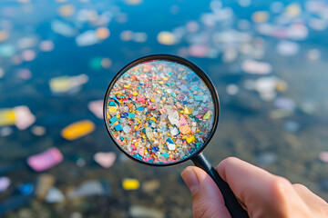 Microplastic Pollution in Water Magnified Through a Glass Lens

