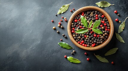 Assorted peppercorns and bay leaves in wooden bowl on dark surface