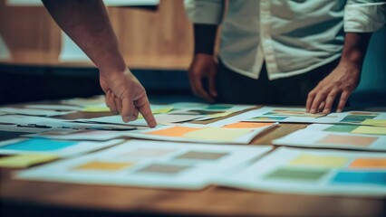 Obraz premium Two professionals discuss color palettes on a table.