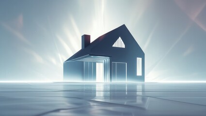 House with open door on a blue background, The background is a gradient of soft blues and whites, 
