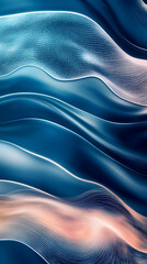 Naklejka premium Elegant blue waves, soft peach highlights. Ideal background. Flowing silk, smooth texture. Good for website, display, ads, design