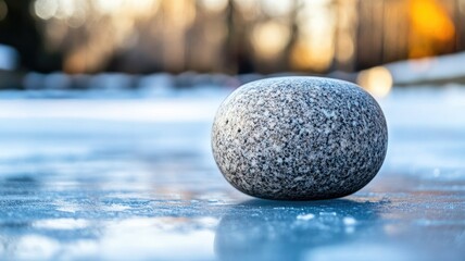 Smooth stone on icy surface in blurry winter background