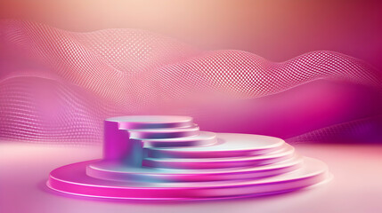 Elegant gradient stage with rounded platforms for product display against a wavy mesh background, suitable for beauty or fashion advertising