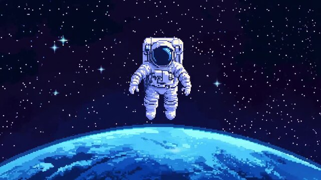 An astronaut drifts through the pixelated cosmos, surrounded by colorful stars and celestial bodies, capturing the wonder of space exploration