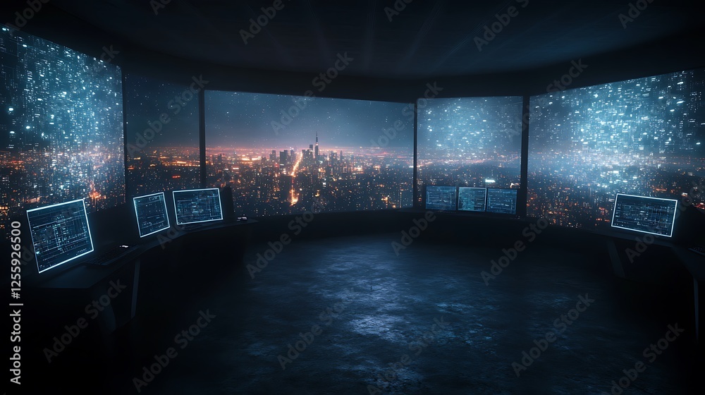 Poster a futuristic control room with glowing screens displays a vibrant city skyline at night, creating a 