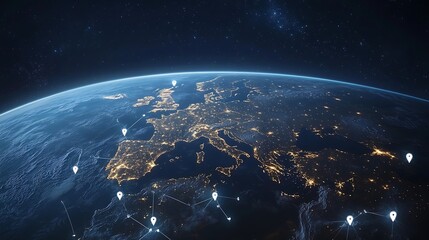 Obraz premium A global map of the Earth with white location pin gps tracking, Earth from Space with Global Connectivity Markers