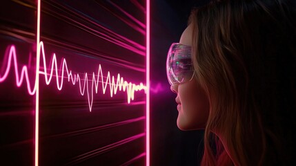 Innovative sound visualization futuristic lab digital art neon environment close-up perspective technology concept