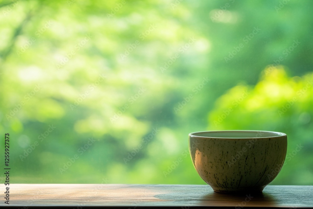Aufkleber tranquil tea bowl resting on wooden table with lush greenery in the background during daylight