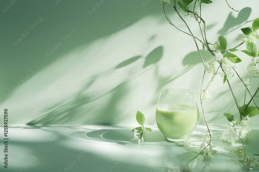 Aufkleber refreshing green drink with delicate flowers and soft shadows in a serene setting
