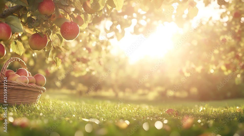 Poster a serene orchard scene featuring sunlight filtering through trees, with ripe apples hanging and a ba