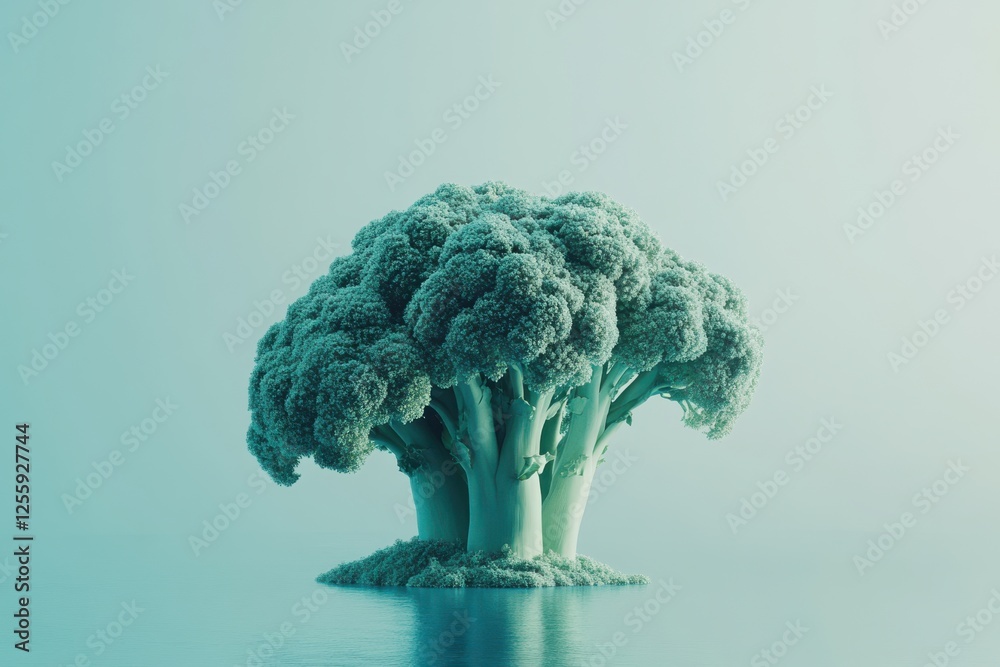 Poster unique broccoli shaped tree grows on small island surrounded by calm water under soft light conditio