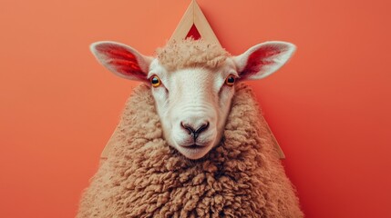 Fototapeta premium Playful Sheep Portrait Against Vibrant Orange Background Design