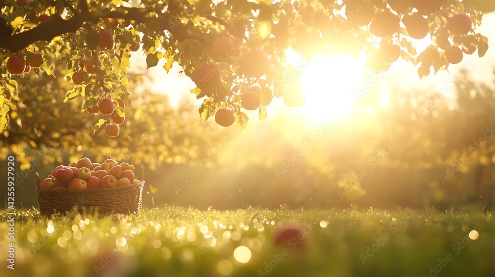Poster A sunlit orchard scene with a basket of apples resting on the grass, surrounded by trees laden with fruit.