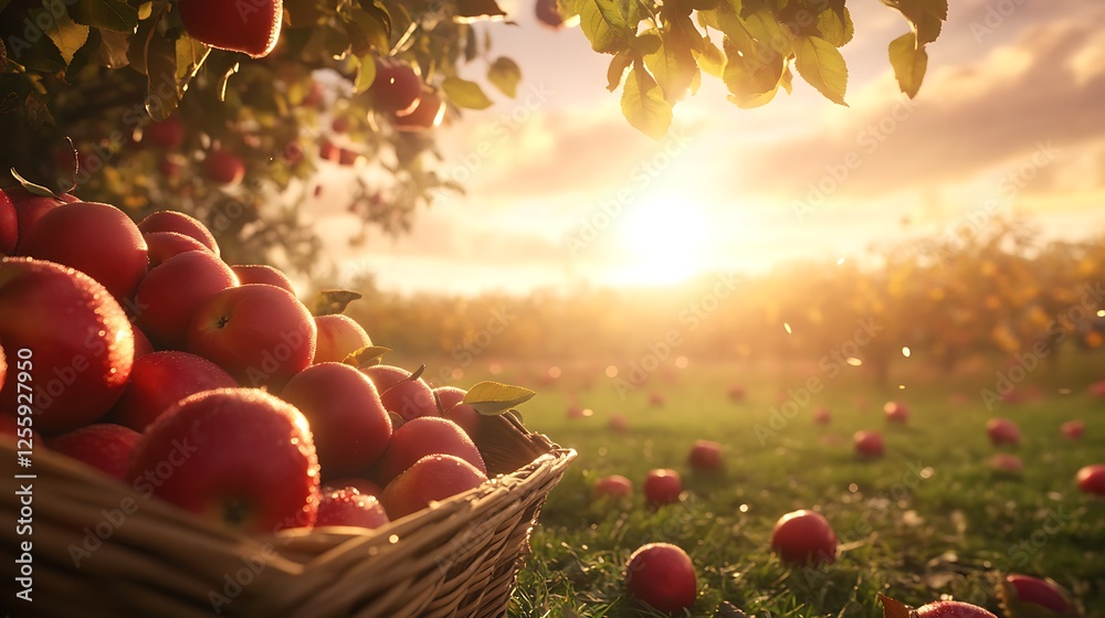 Poster a basket of ripe apples sits in an orchard at sunset, with sunlight filtering through the trees, cre