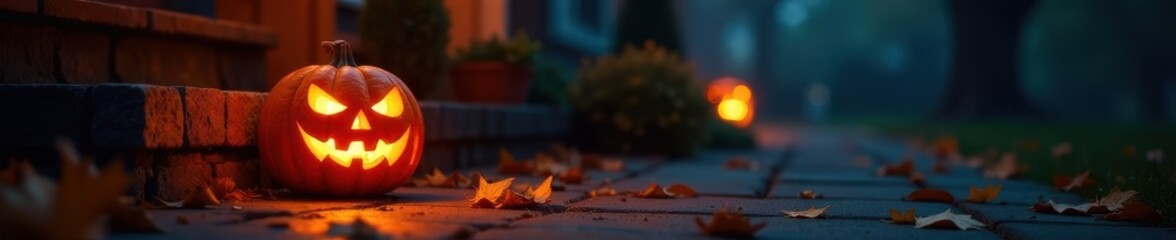 Glowing jack-o'-lantern, spooky porch, autumn leaves, dark night , dark, background, scary