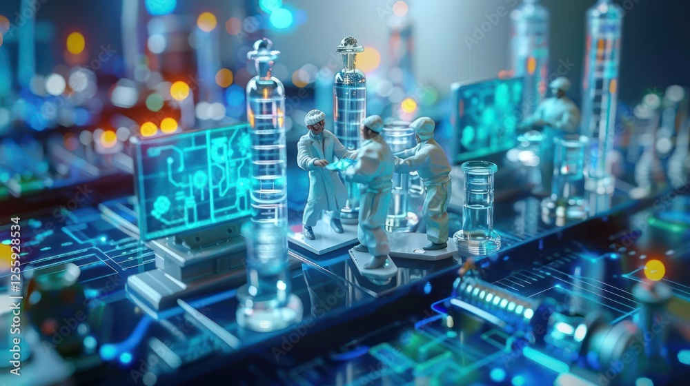 Poster miniature scientists working in a futuristic lab setting with glowing technology.