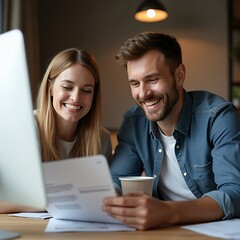 Happy Couple Reviewing Documents at Home Office