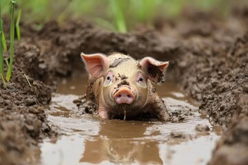 Piglet enjoys muddy water puddle in a rural farm setting during daylight hours