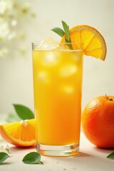 Fototapeta premium Golden orange juice in glass, ice cubes visible, product, citrus, morning