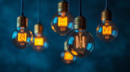 Hanging light bulbs radiate a warm, inviting glow against a soothing blue background. Their vintage design creates a cozy atmosphere, perfect for artistic inspiration or relaxation