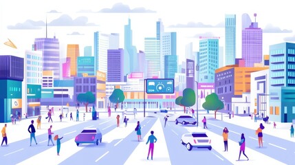 A bustling urban landscape features advanced technology with people interacting using devices, surrounded by modern architecture and signals representing seamless connectivity in a smart city.