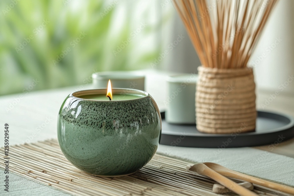 Aufkleber elegant green candle with a warm flame on a calm table setting with decorative items in a peaceful i