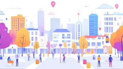 A bustling urban landscape features advanced technology with people interacting using devices, surrounded by modern architecture and signals representing seamless connectivity in a smart city.