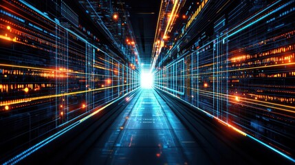 Fototapeta premium Futuristic Data Center Tunnel With Glowing Lines