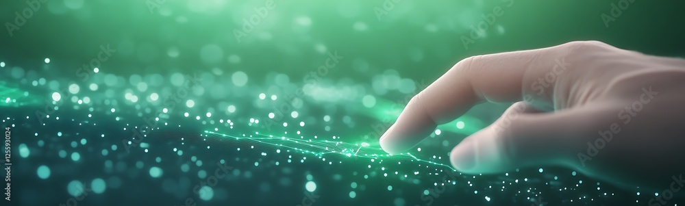 Aufkleber A hand touches a shimmering surface with green sparkles, creating a magical, ethereal effect in a digital environment.