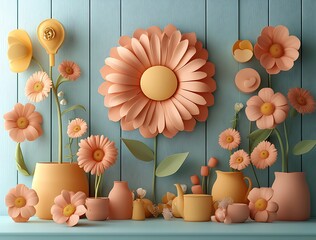  Peach Paper Flowers in Elegant Vases Against a Teal Wall