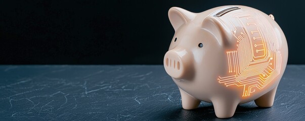 financial benefits budget optimization concept. Piggy bank with digital patterns, symbolizing saving and finance.