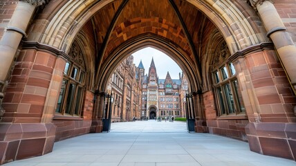 Majestic Gothic-style university building with archway and courtyard