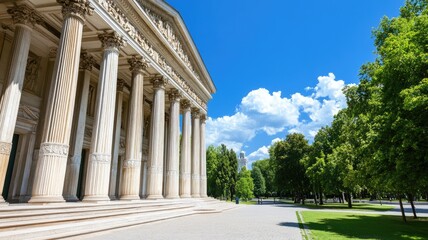Obraz premium Neoclassical building with columns surrounded by green trees and blue sky