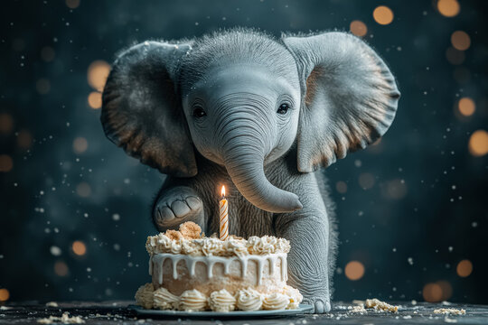 Baby elephant is sitting on the ground and holding a cake with candles. The cake is decorated with red roses, and the elephant is surrounded by green leaves. The scene is whimsical and playful