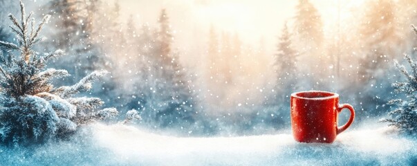 Cozy red mug in snowy landscape with soft winter sunlight.