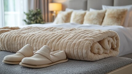 Cozy bedroom slippers and blanket on bed
