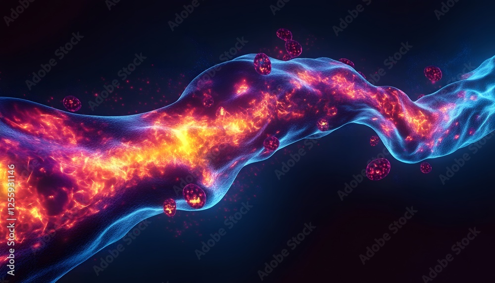 Poster colorful abstract stream with bright particles flowing through darkness