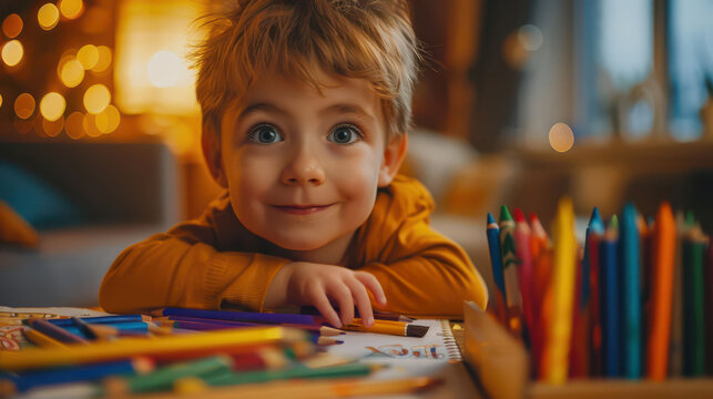 Happy child with colorful crayons enjoying creativity indoors.