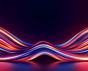Vibrant, colorful light trails curve dramatically across a dark surface, suggesting energy and movement, suitable for abstract backgrounds